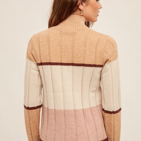 HEM & THREAD Colorblock Mock Neck Sweater, Neutral Blush Tan Cream - Picture 4 of 5